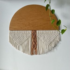 20”x21” hand crafted wooden with intricate macrame pattern.